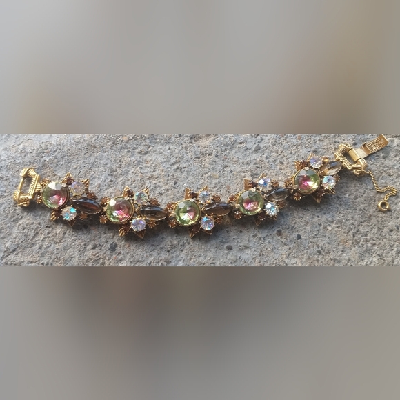 Florenza Watermelon Glass AB Rhinestones Link Signed Vintage 1960's Bracelet - Picture 11 of 16